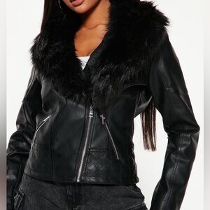 Fashion Nova Black Faux Fur Collar Leather Jacket